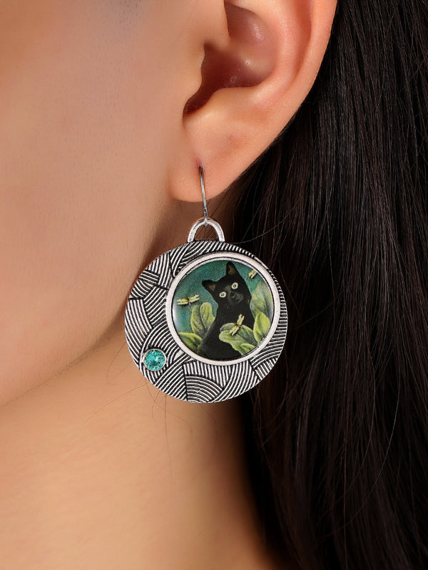 Vintage Cat Flower Round Geometric Earrings