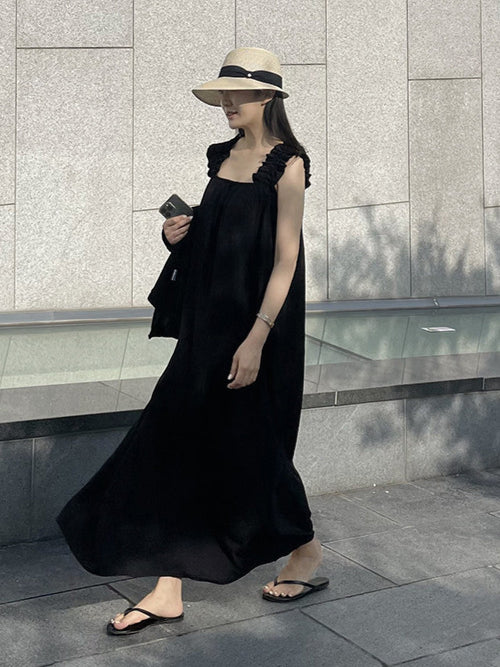 Fashion ruffle stitching lapel sleeveless dress