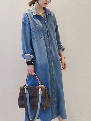 Long Slit Oversized Denim Shirt Dress