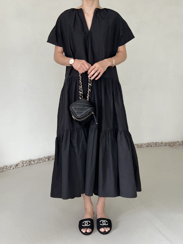 Fashionable niche design V-neck loose pleated cake skirt dress