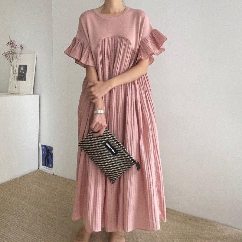 Patchwork pleated flying sleeves long dress