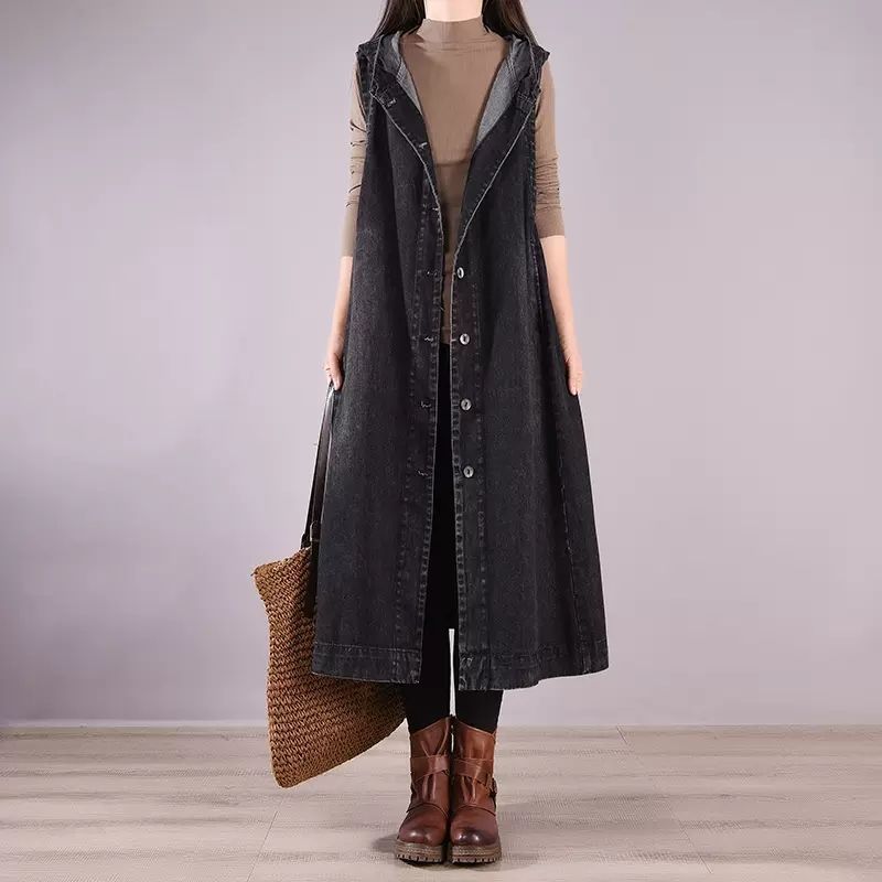 Long Oversized Loose Denim Sleeveless Hooded Vest
