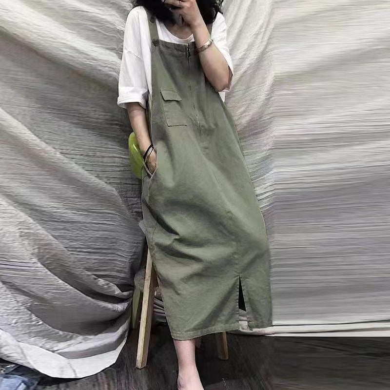 Retro Loose Mid Length Suspender Dress