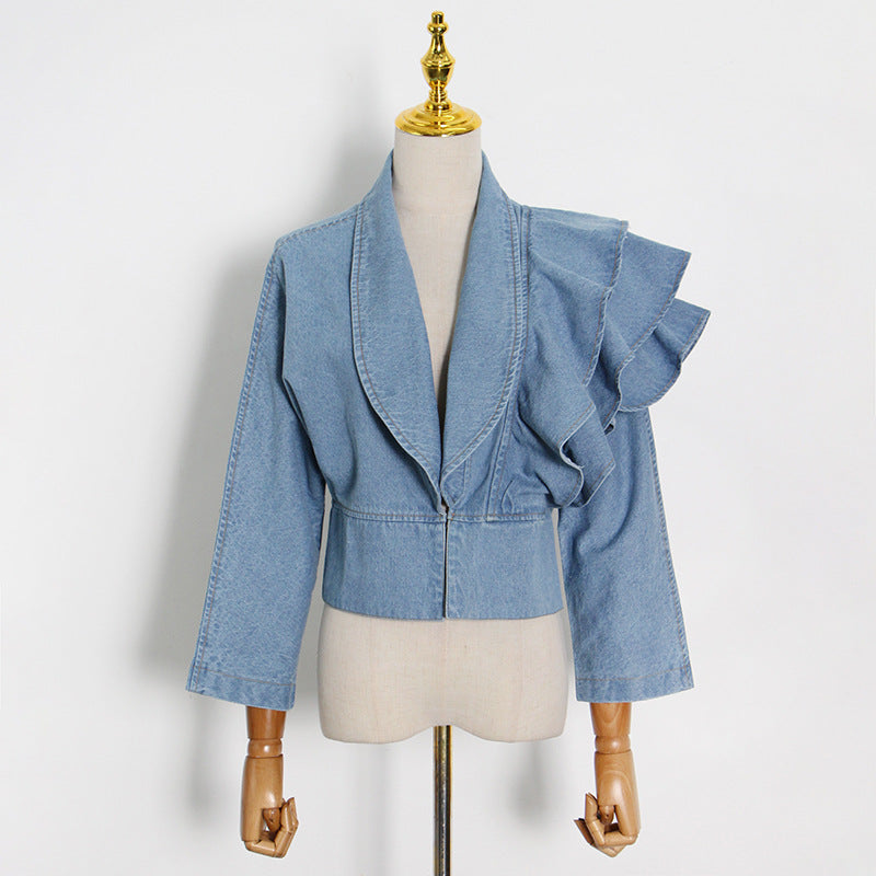 Ruffled Deep V-neck Denim Shirt Top