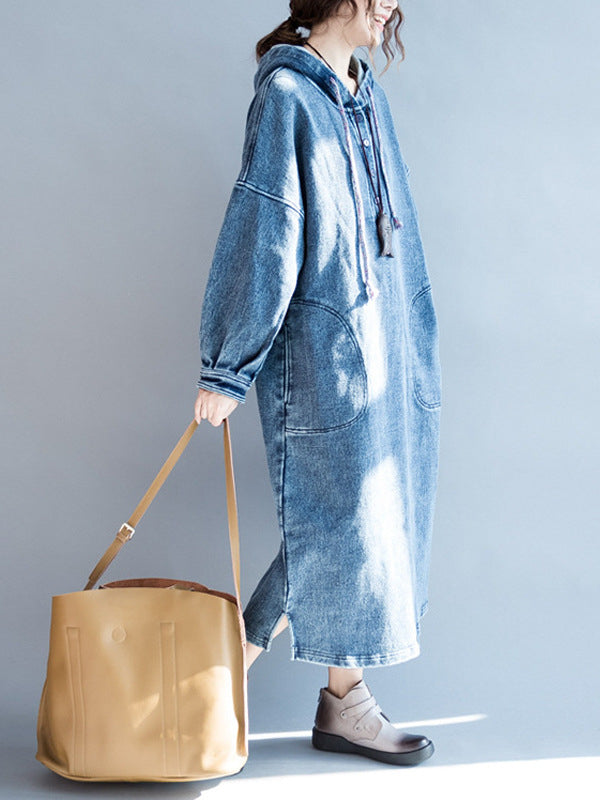 Fashionable Slit hooded long sleeve denim dress
