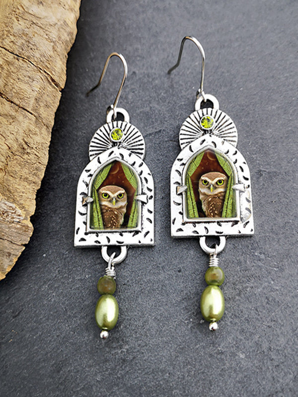 Vintage Owl Olive Green Diamond Pearl Earrings