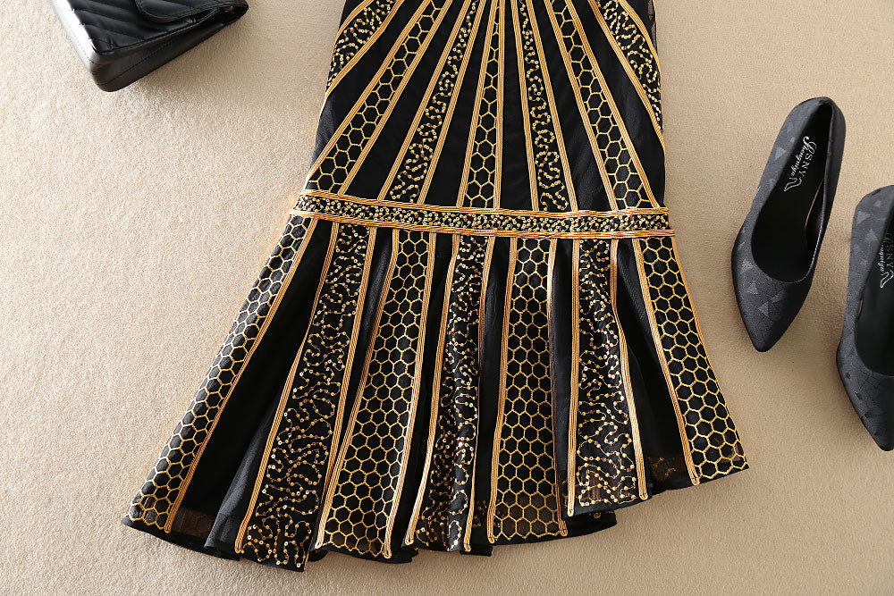 Black Plus Size High Quality Half Sleeve Mesh Embroidery Dress