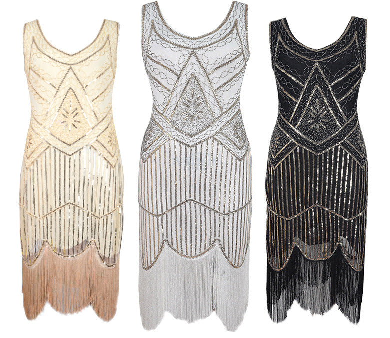 Plus Size Vintage Sequin Tassel Party Evening Dress Style2