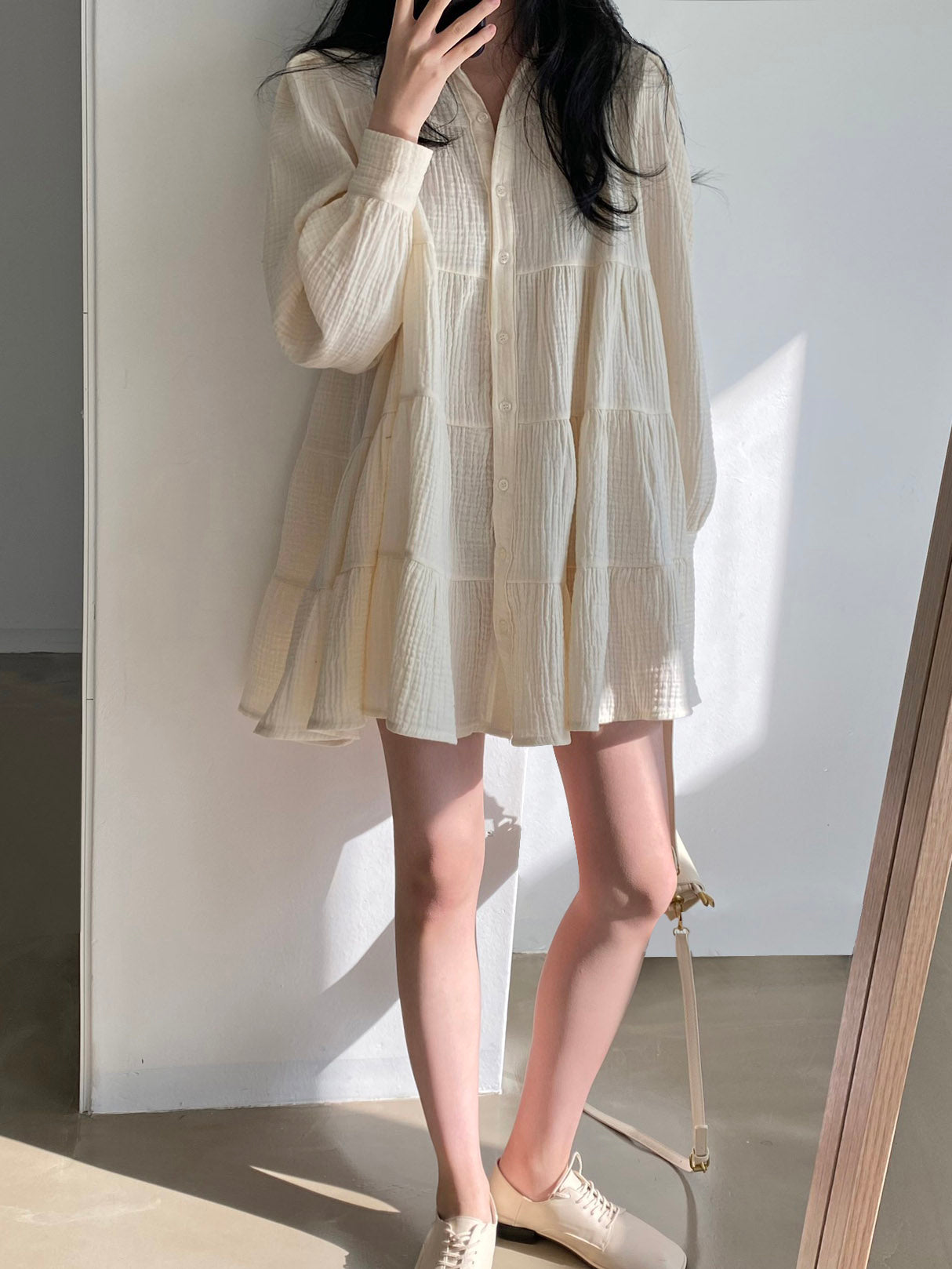 LAPEL PLEATED LOOSE PUFF SLEEVE SHORT SHIRT DRESS