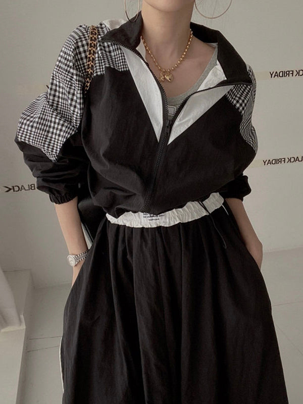 Stand Collar Color Contrast Stitching Patch Short Coat + High Waist Long Skirt Suit
