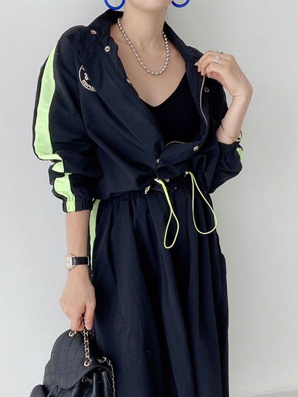 Personalized Print Color Contrast Short Coat + High Waist Pocket Large Swing Skirt Suit