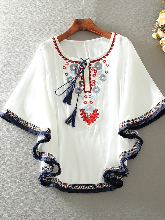 Loose Cape Dolman Sleeve Vintage Embroidered Floral Shirt Top