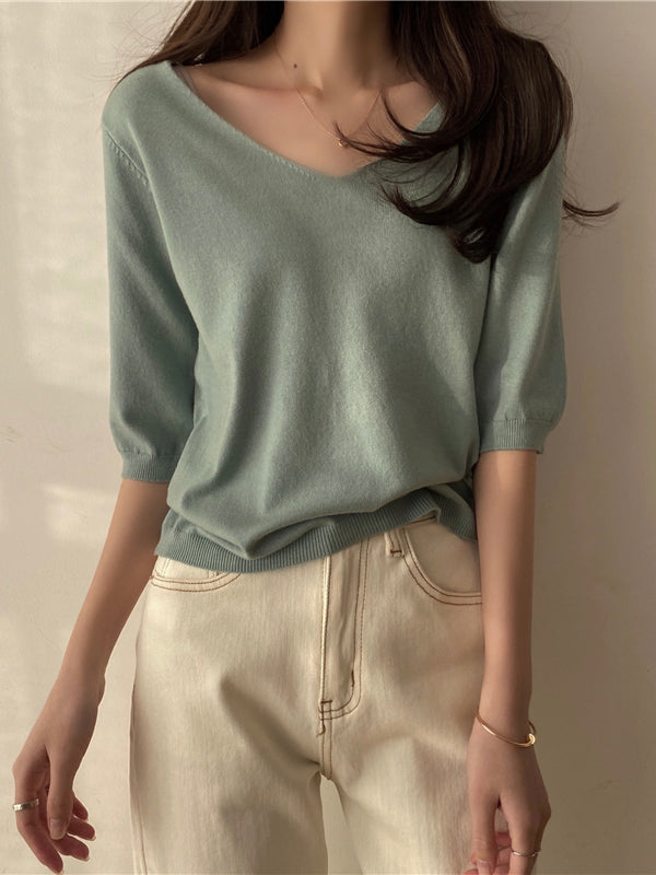 Fashion Loose Solid Color V-neck Half Sleeve Sweater Top