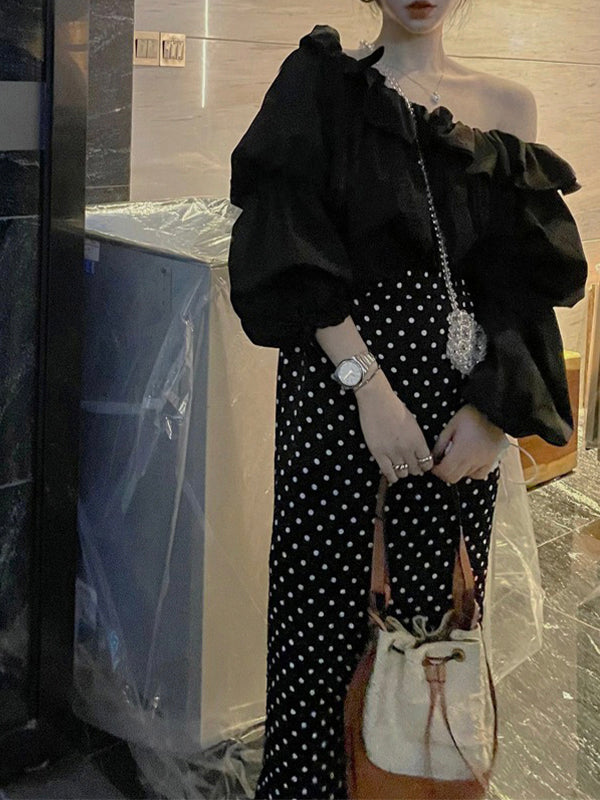 Fashion Slanted Shoulder Design Puff Sleeve Top