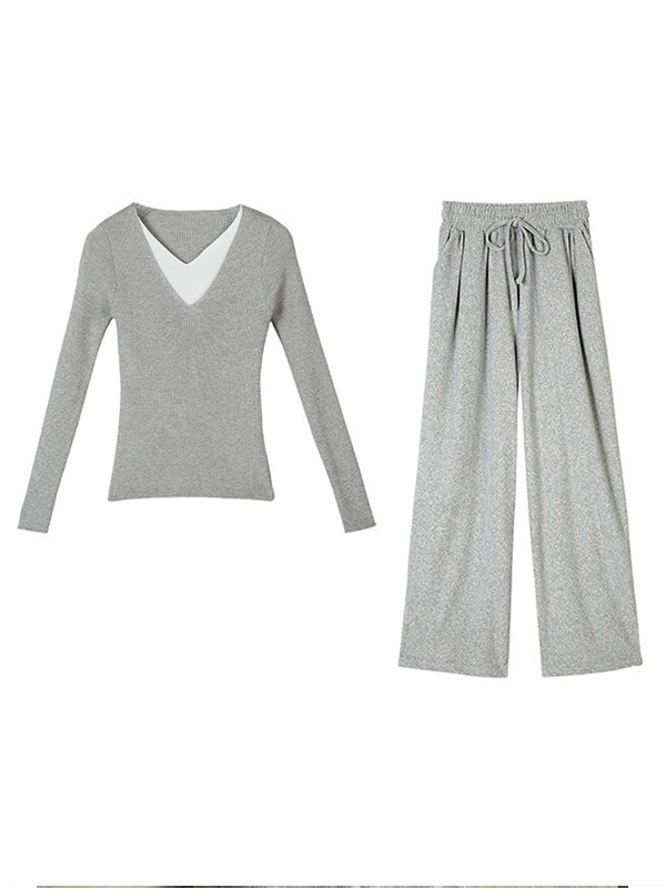 Contrasting Color Stitching Knitted Top&Casual Plush Straight Wide-leg Pants Two-piece Set