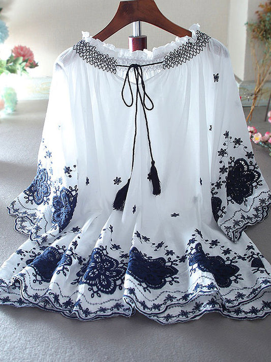 Vintage Embroidered A-Line Loose Ruffle Shirt Blouse