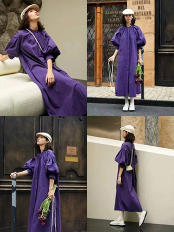 Vintage Purple Puff Sleeve Loose Shirt Dress