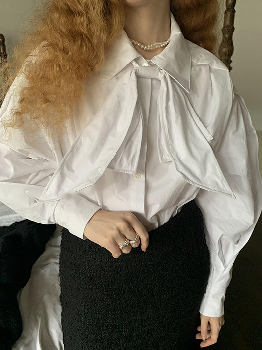 White Inspired Designer Bow Tie(Detachable) Top Shirt Blouse
