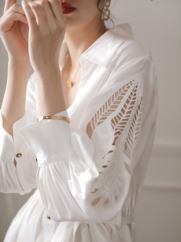 White Urban Tie Puff Sleeve V-Neck Shirt Dress