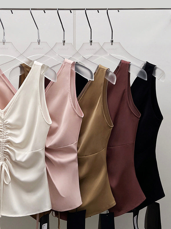 Pleated Drawstring Deep V-Neck Top