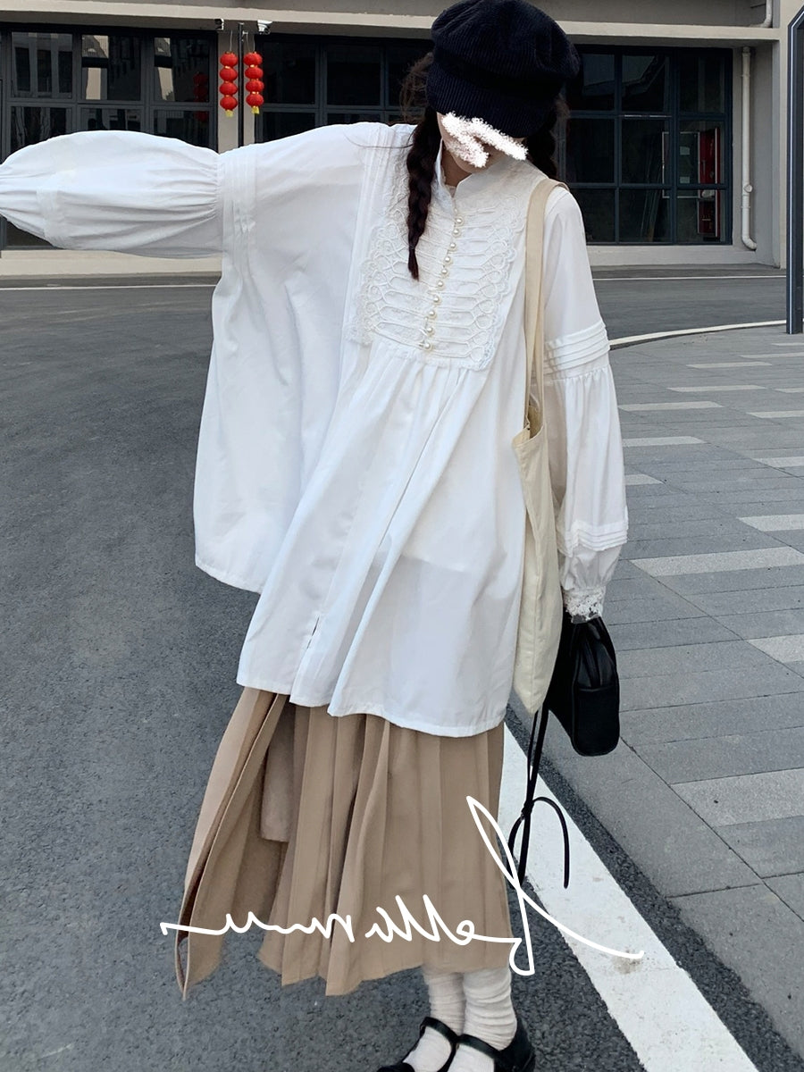 Loose Vintage Stand Collar Long Sleeve Shirt