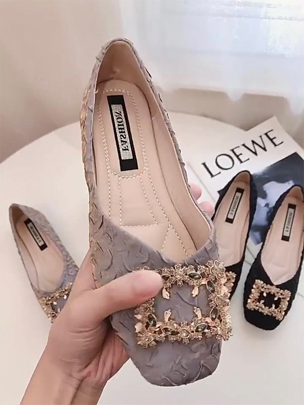 Solid Color Flat Square Buckle Pleated Low Heels Shoes