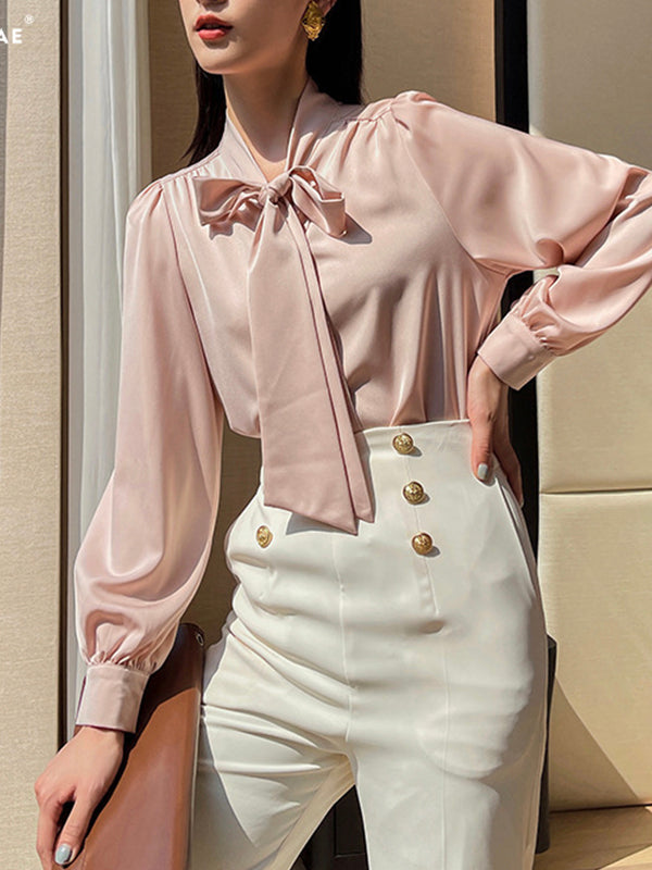 Bow Ribbon Long Sleeve Satin Shirt Top