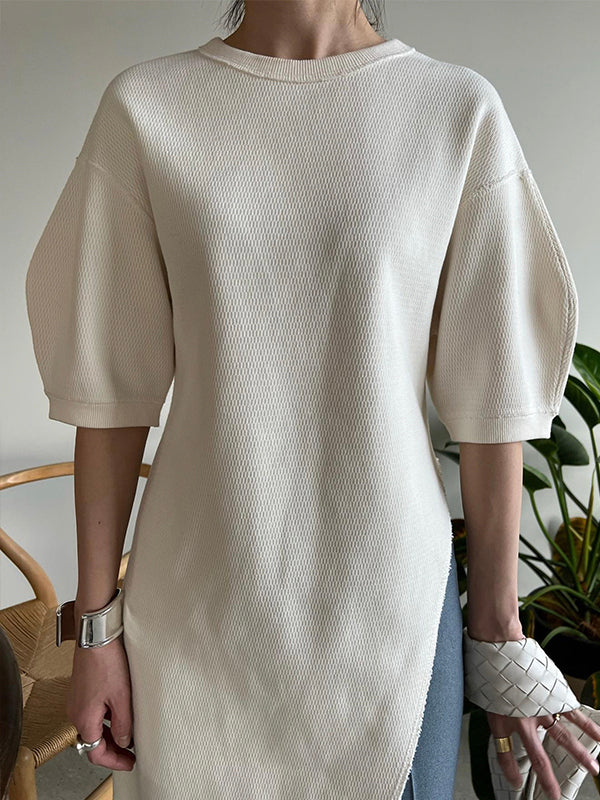 Spring Fashion Loose Solid Color Round Neck Slit Top