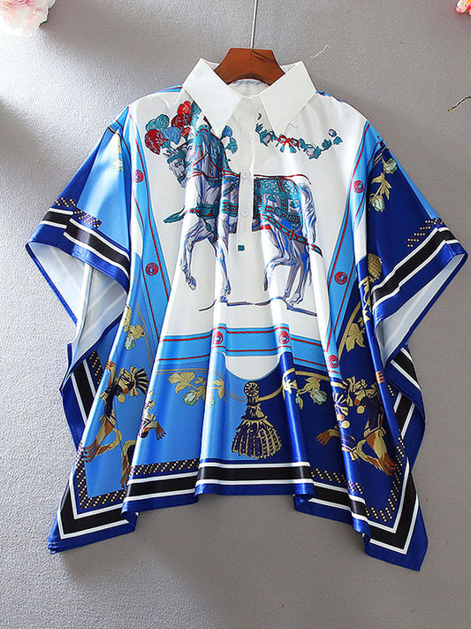 Loose Oversized Dolman Sleeve Ruffle Print Shirt Top