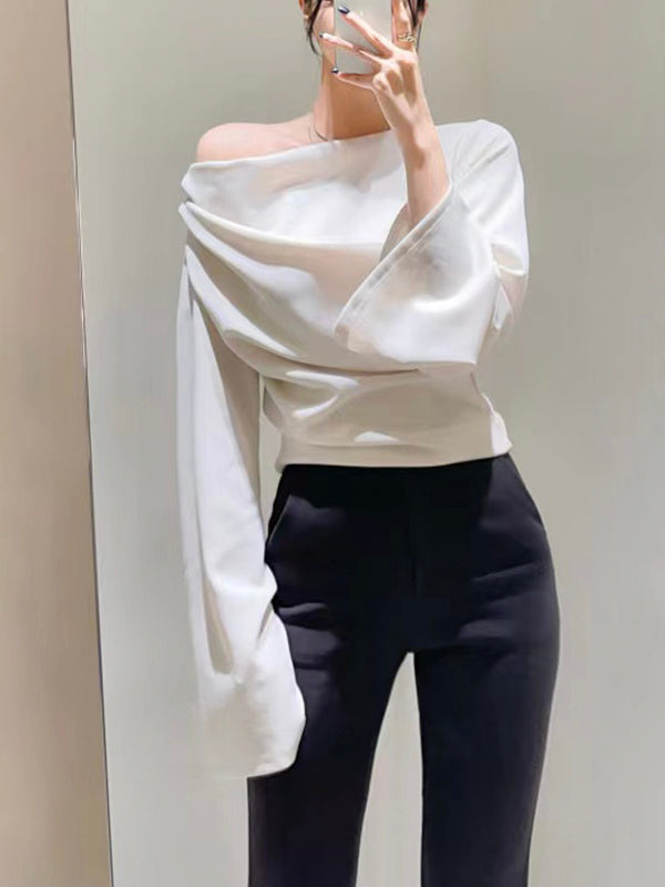 Chic Off-Shoulder Bell Sleeve Pleated Top