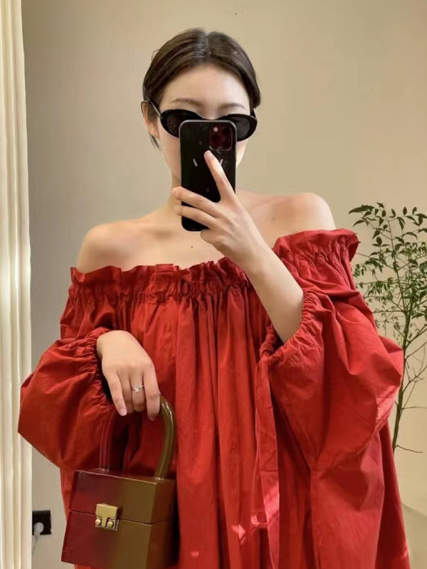 Vacation Loose Long Sleeve Red Dress
