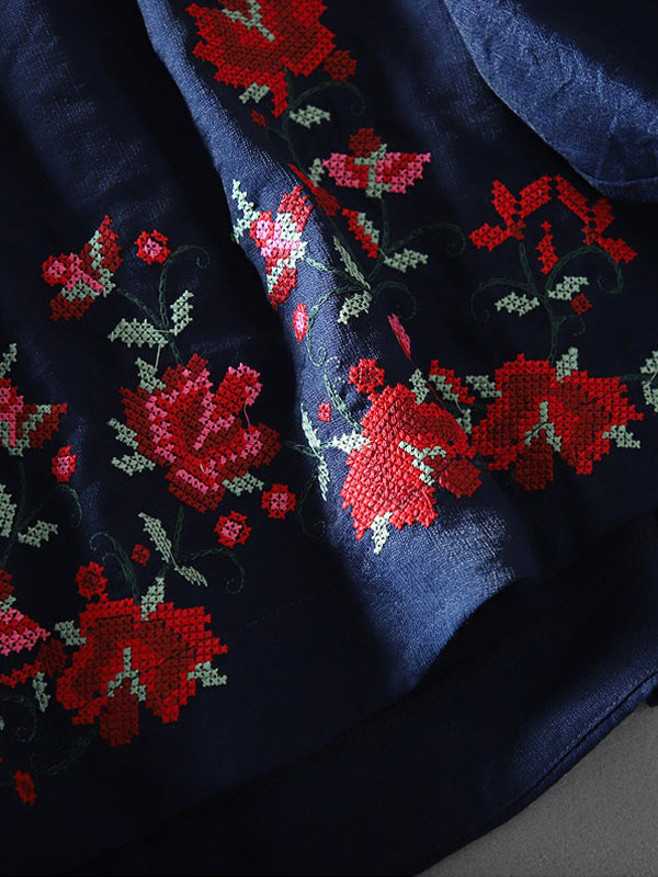 Loose Round Neck Pullover Embroidered Half Sleeve Shirt Blouse