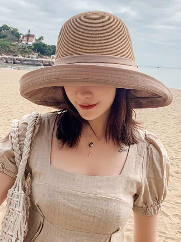 Contrast Colors Splicing Bow-Embellished Big Brim Fisherman Hat