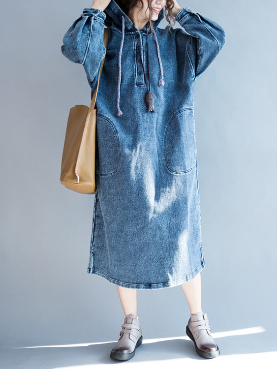 Fashionable Slit hooded long sleeve denim dress