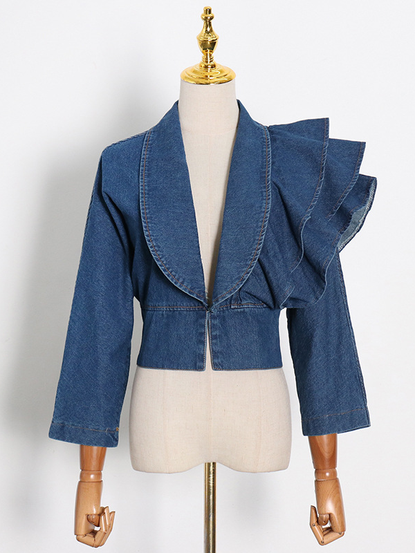 Ruffled Deep V-neck Denim Shirt Top