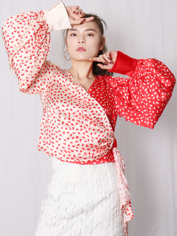 Irregular Balloon Sleeve Tie Shirt Top