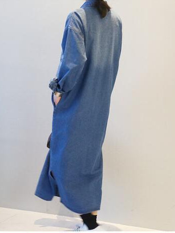 Long Slit Oversized Denim Shirt Dress