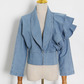 Ruffled Deep V-neck Denim Shirt Top