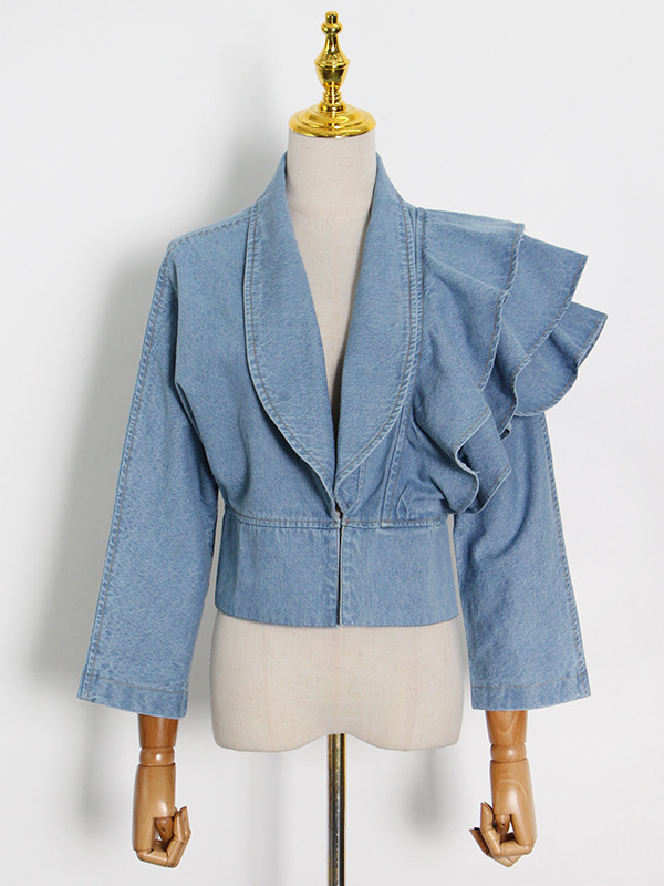 Ruffled Deep V-neck Denim Shirt Top