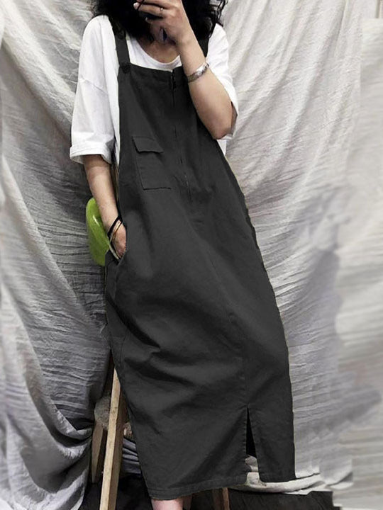 Retro Loose Mid Length Suspender Dress