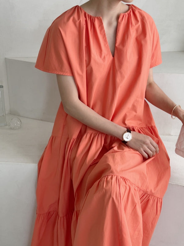Fashionable niche design V-neck loose pleated cake skirt dress