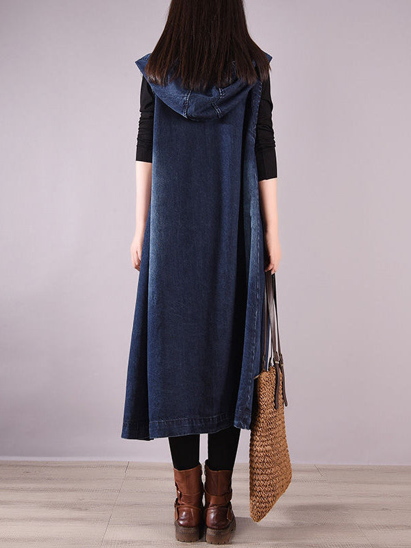 Long Oversized Loose Denim Sleeveless Hooded Vest