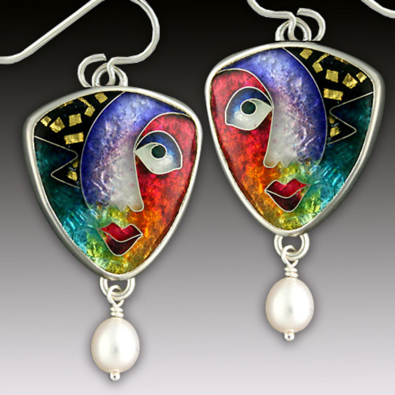 Fashion Vintage Abstract Face Ladies Pearl Dangle Earrings