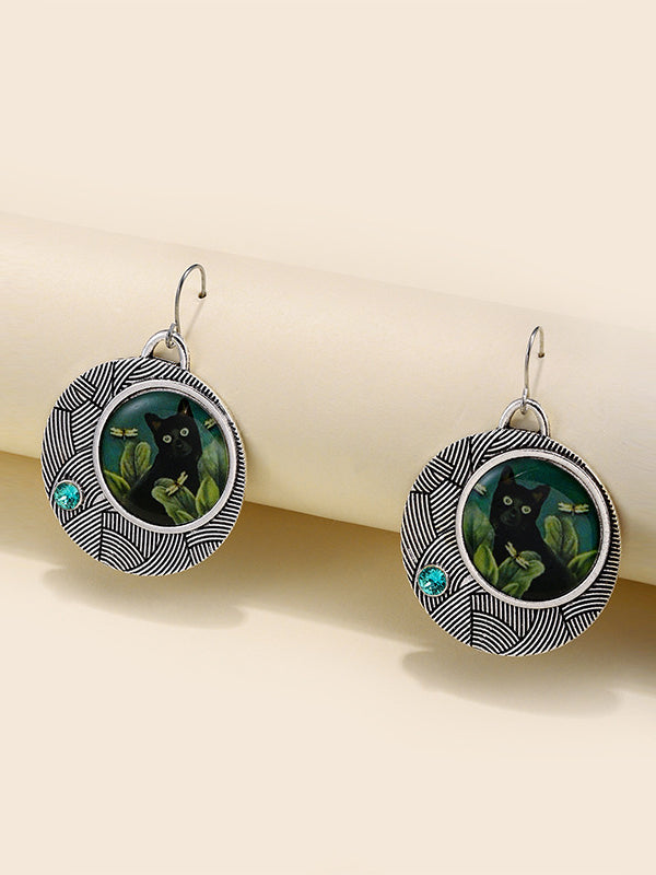 Vintage Cat Flower Round Geometric Earrings