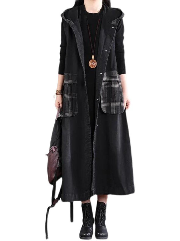 Black Loose Oversized Hooded Mid Length Vest