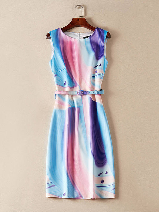 Loose Sleeveless Tie Dye Belted Dress