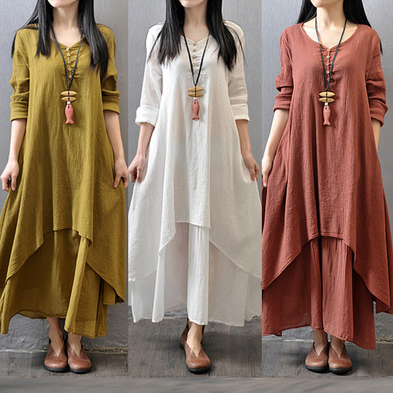 Loose Fake Two-Piece Cotton Linen Dress