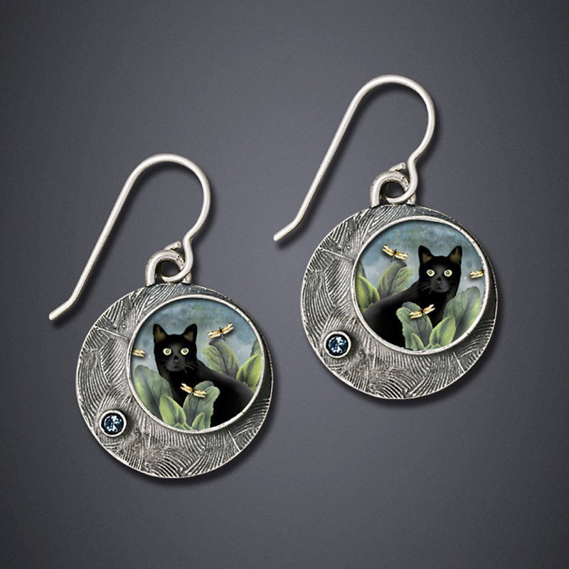 Vintage Cat Flower Round Geometric Earrings