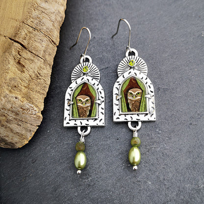 Vintage Owl Olive Green Diamond Pearl Earrings