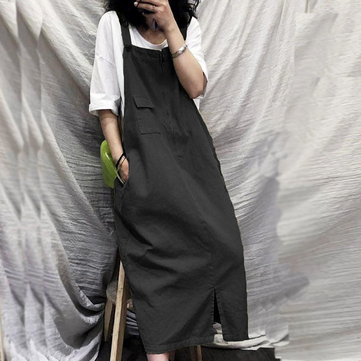 Retro Loose Mid Length Suspender Dress